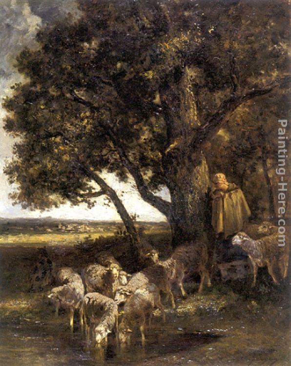A Shepherdess with Her Flock by a Pool painting - Charles Emile Jacque A Shepherdess with Her Flock by a Pool art painting